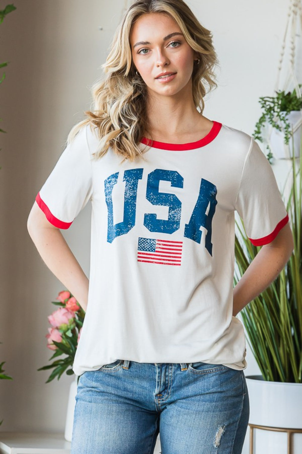 Heimish Full Size USA Contrast Trim Short Sleeve T-Shirt 6866 | Gulf Resellers