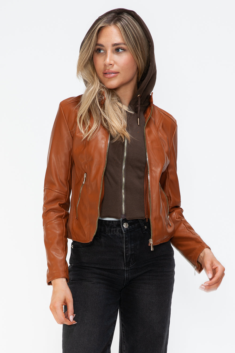 Snobbish Faux Leather Zip Up Drawstring Hooded Jacket 16008 | Gulf Resellers