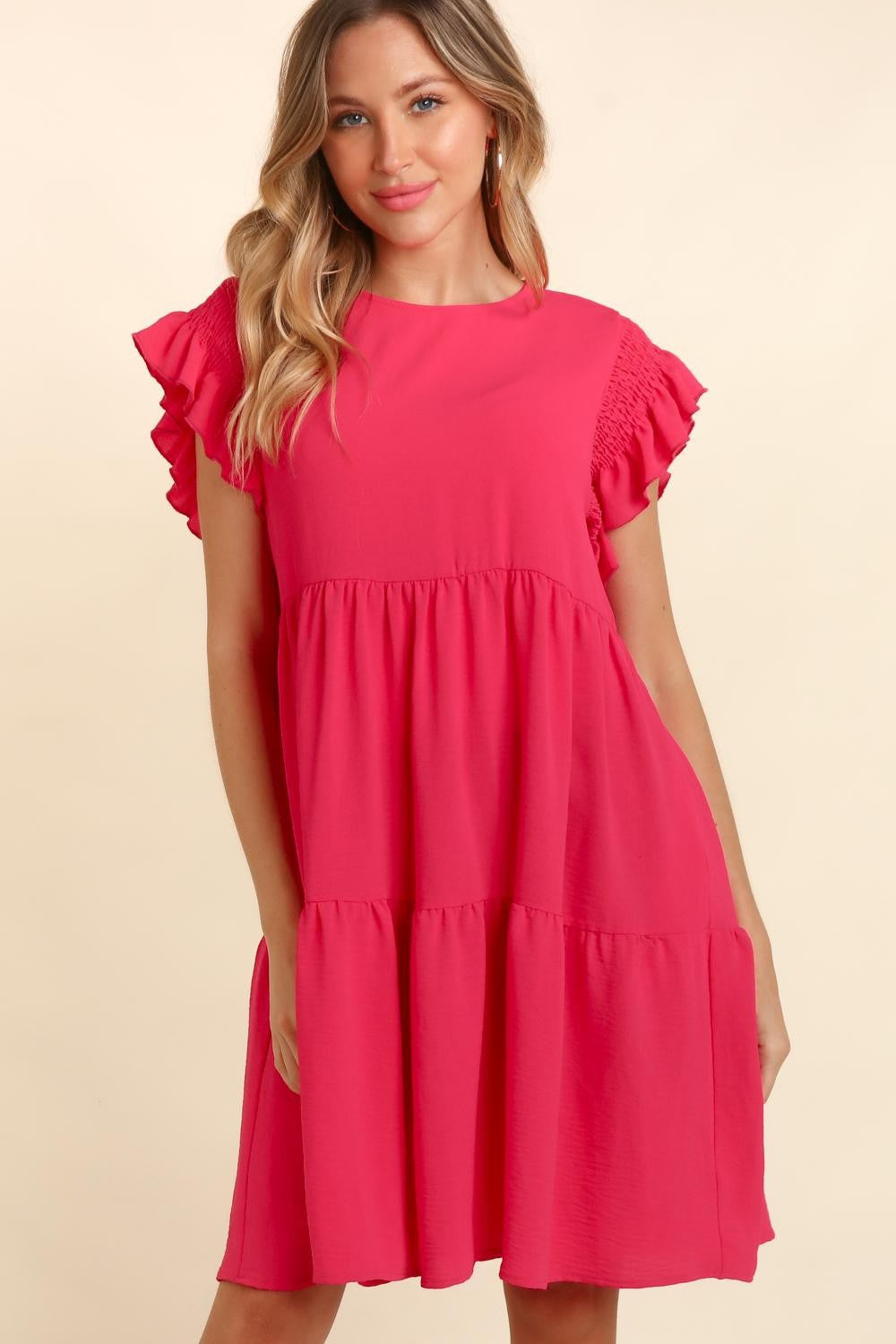 Haptics Full Size Smocking Ruffle Short Sleeve Dress with Pockets 6068 | Gulf Resellers