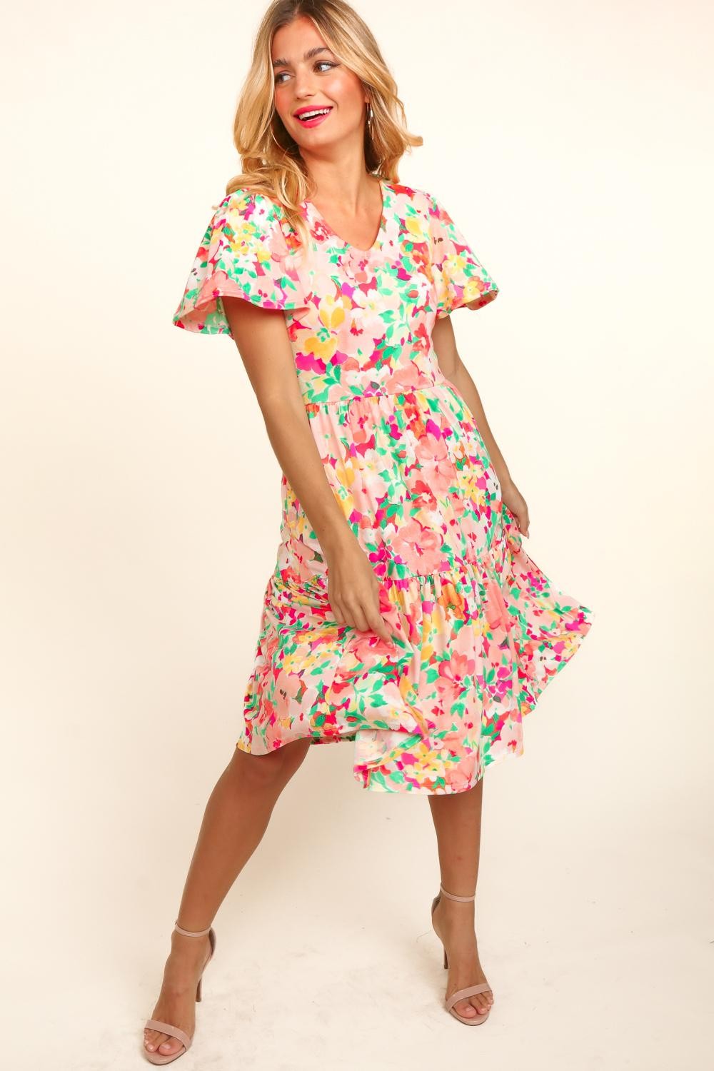 Haptics Tiered Floral Midi Dress with Pockets 7702 | Gulf Resellers