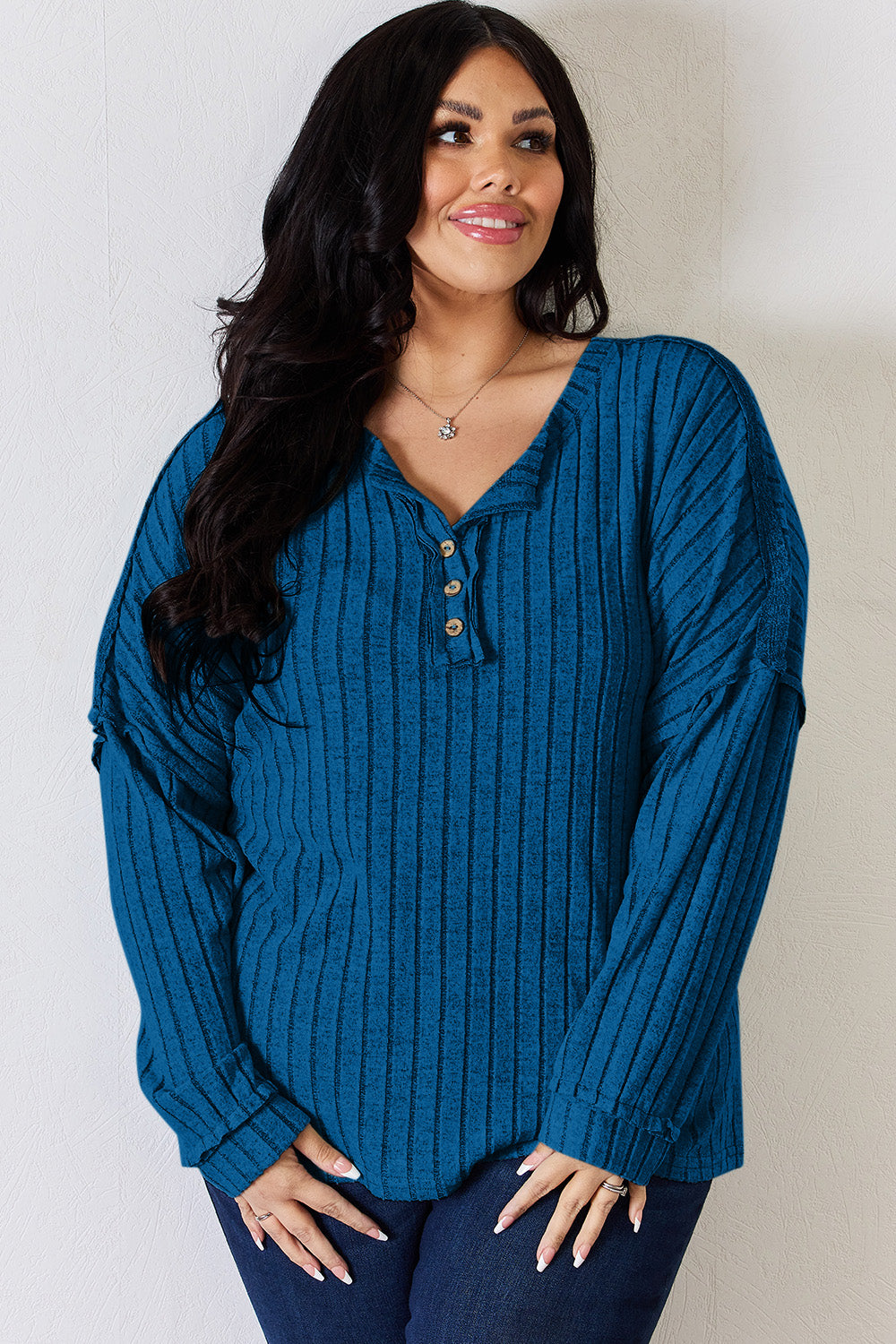 Basic Bae Full Size Ribbed Half Button Long Sleeve T-Shirt | Gulf Resellers