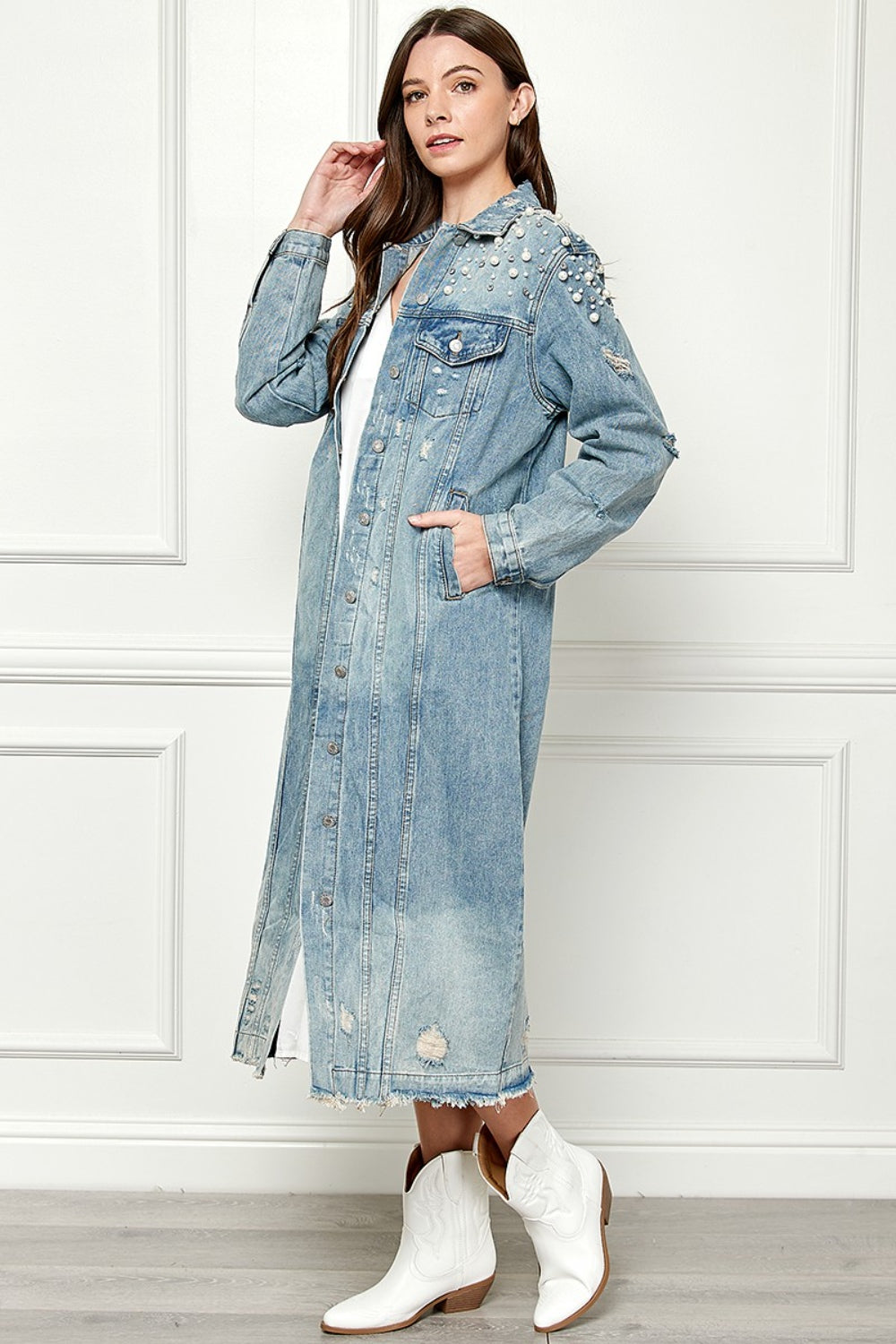 Veveret Full Size Distressed Raw Hem Pearl Detail Button Up Jacket 13475 | Gulf Resellers