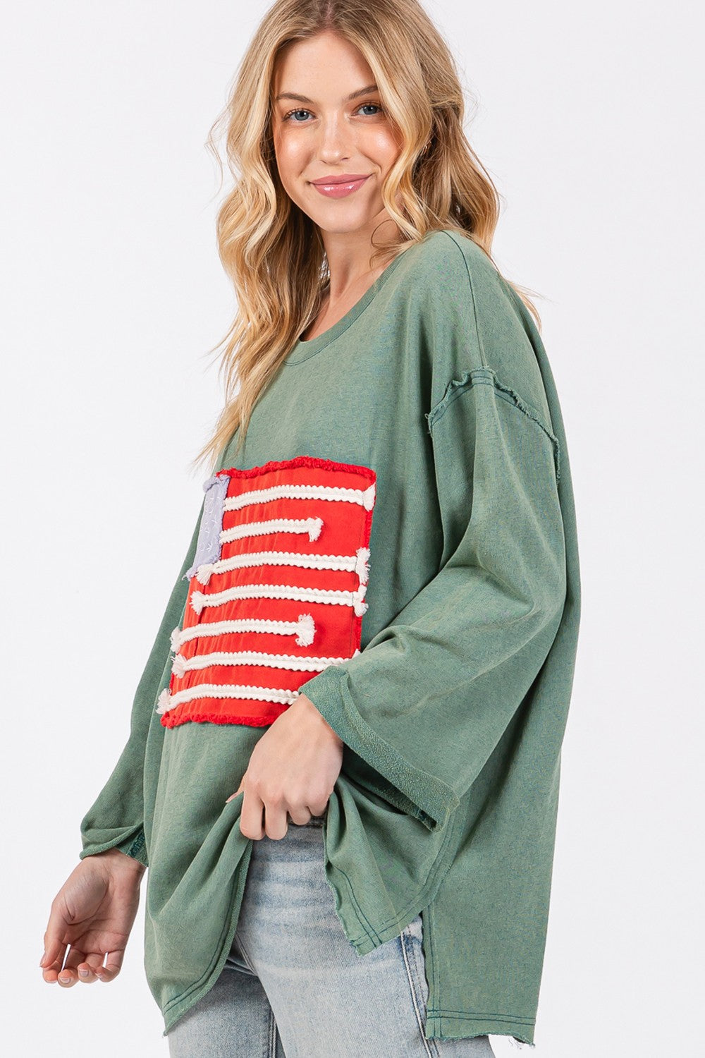SAGE + FIG Full Size American Flag Patch Drop Shoulder T-Shirt 18552 | Gulf Resellers