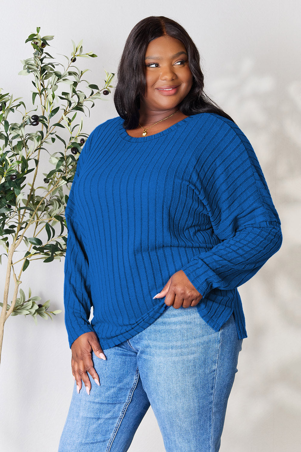 Basic Bae Full Size Ribbed Round Neck Slit Knit Top | Gulf Resellers