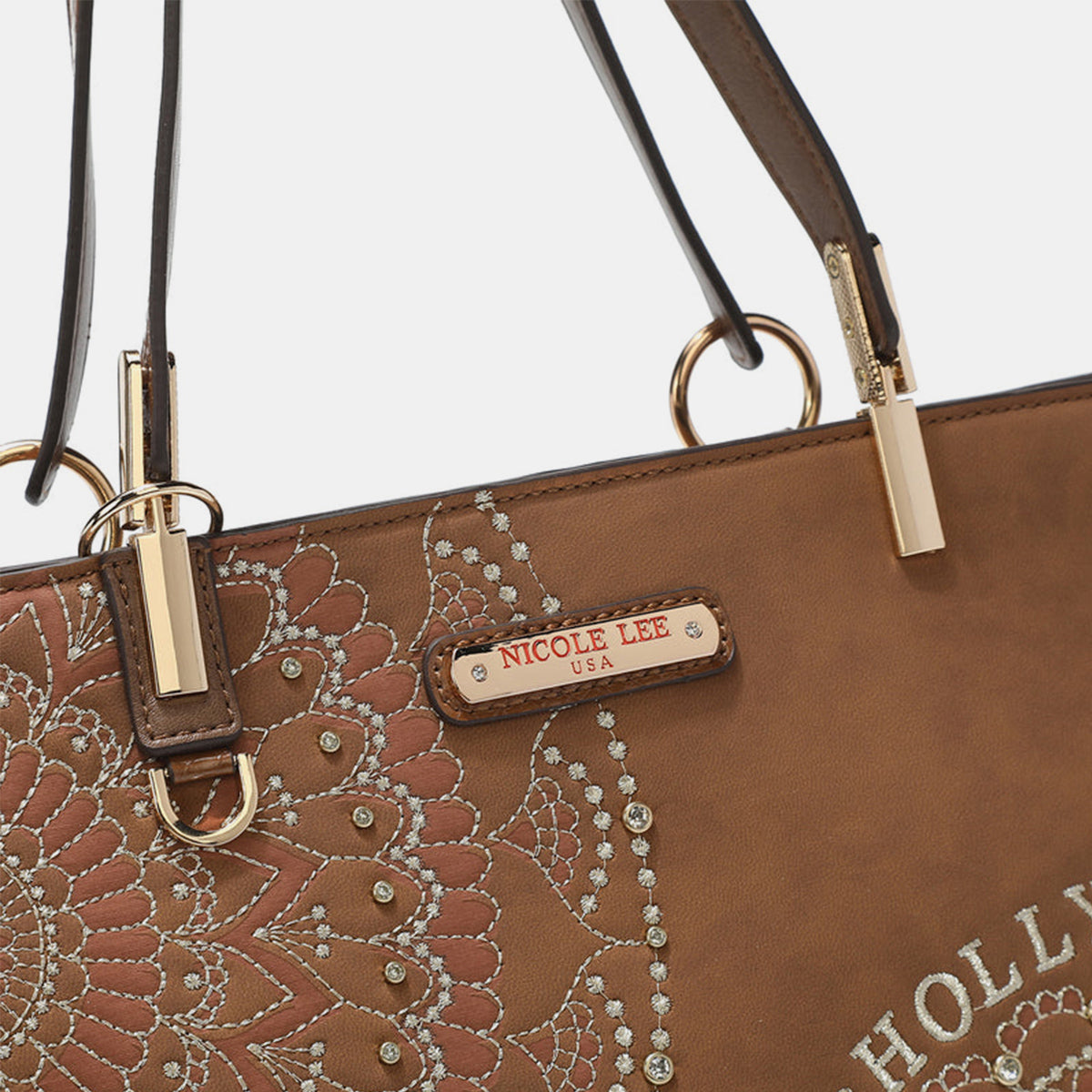 Nicole Lee USA Metallic Stitching Embroidery Inlaid Rhinestone Tote Bag 5694 | Gulf Resellers