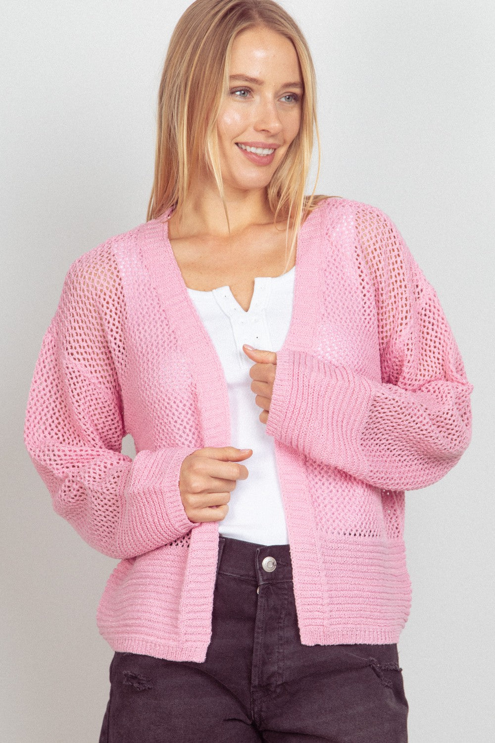 VERY J Eyelet Open Front Long Sleeve Cardigan 10378 | Gulf Resellers