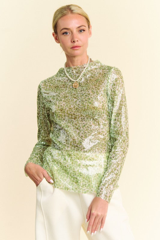 Davi & Dani Sequin Mock Neck Long Sleeve Mesh Top 18314 | Gulf Resellers