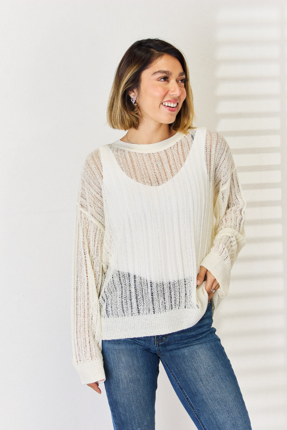 HYFVE Openwork Ribbed Trim Long Sleeve Knit Top | Gulf Resellers