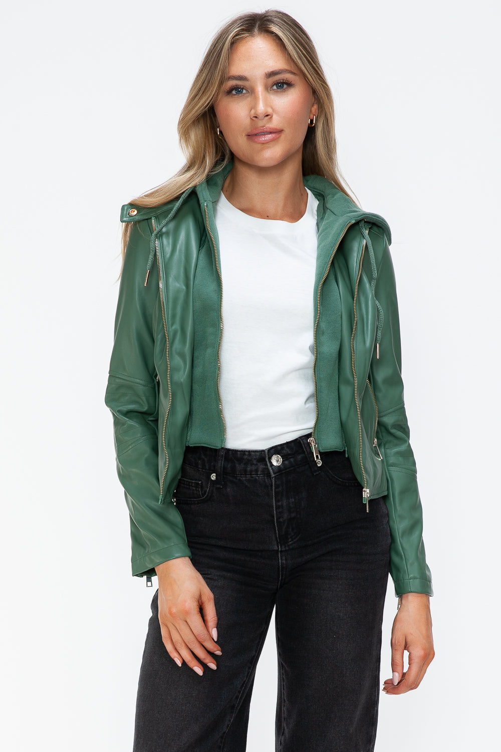 Snobbish Faux Leather Zip Up Drawstring Hooded Jacket 15848 | Gulf Resellers