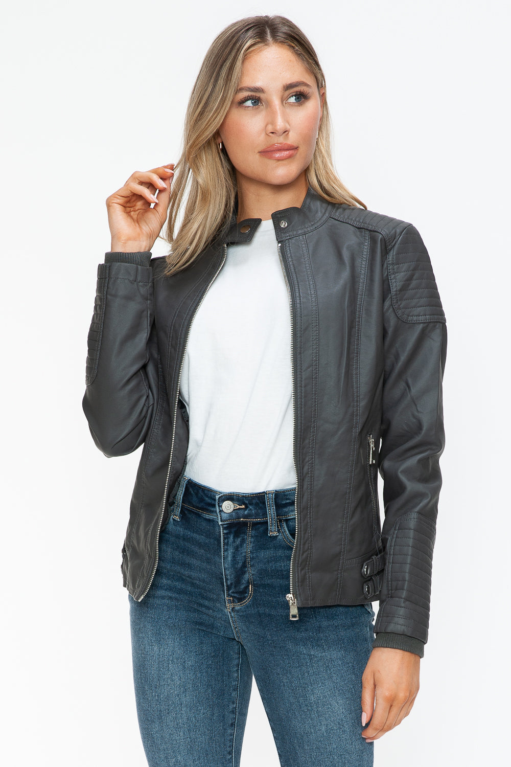 Snobbish Faux Leather Biker Jacket with Side Zip Pockets 15138 | Gulf Resellers
