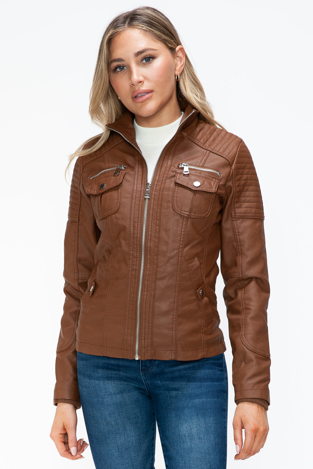 YMI Removable Faux Layered Multi-Pocket Jacket with Fuzzy Hood 15797 | Gulf Resellers