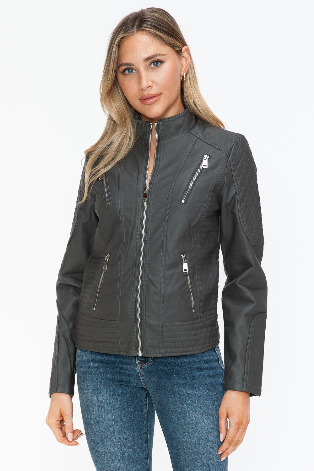 Snobbish Faux Leather Zip Up Mock Neck Jacket 15219 | Gulf Resellers
