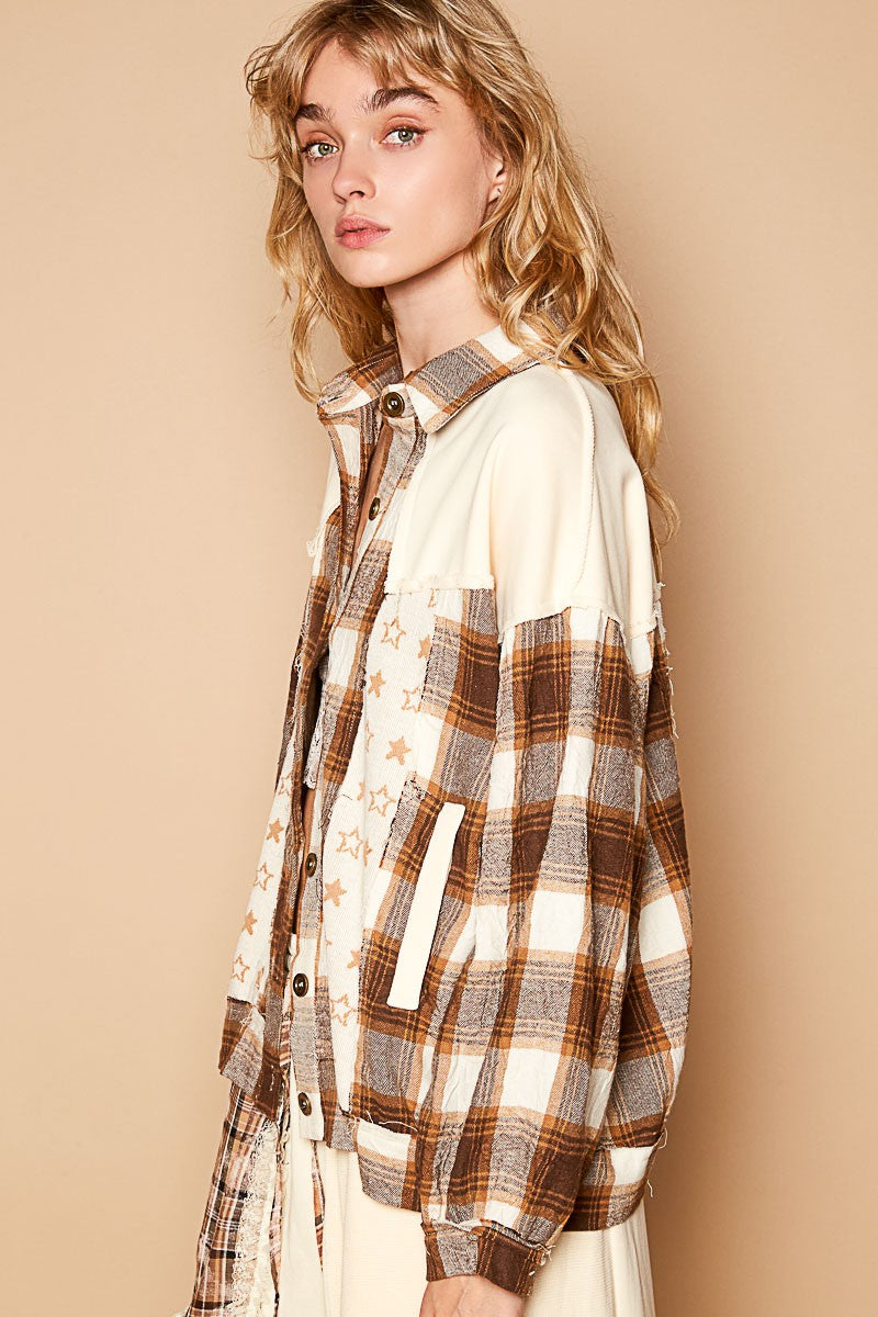 POL Plaid & Star Patchwork Contrast Long Sleeve Shacket 12317 | Gulf Resellers