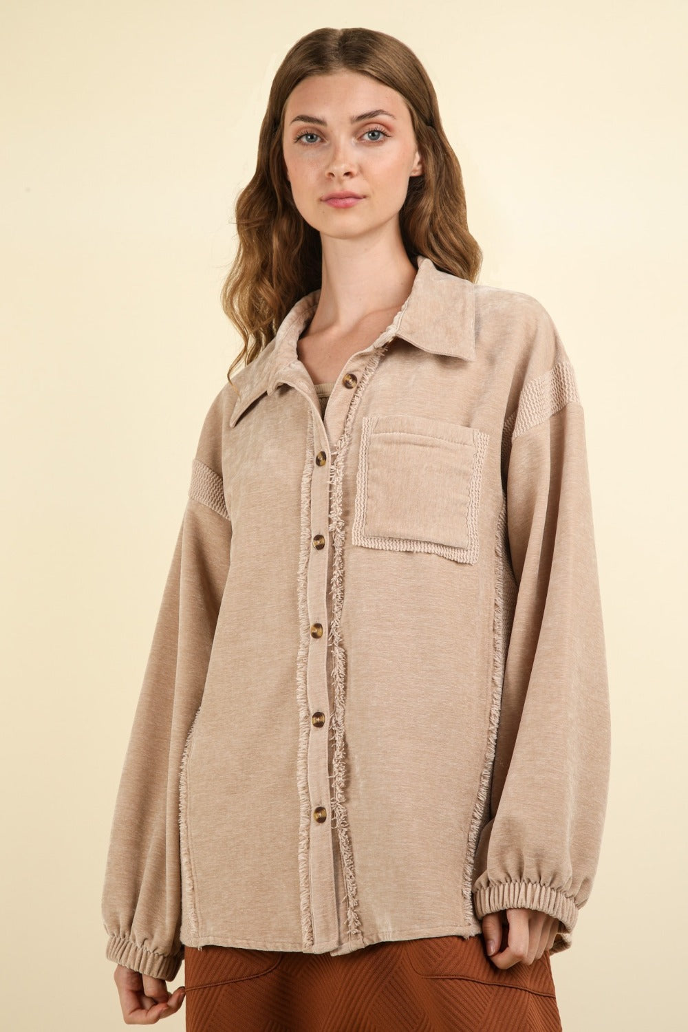 VERY J Mixed Media Button Down Raw Hem Shacket 12517 | Gulf Resellers