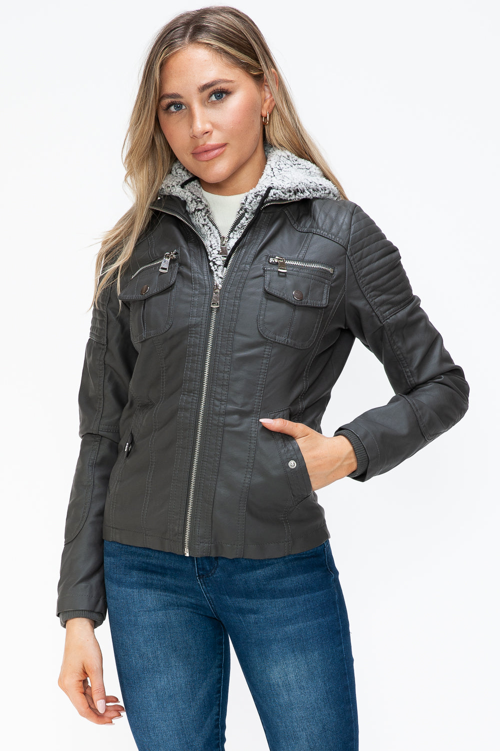 YMI Removable Faux Layered Multi-Pocket Jacket with Fuzzy Hood 15240 | Gulf Resellers