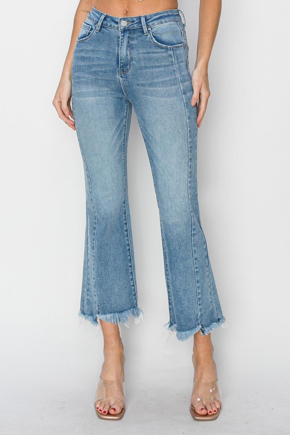 RISEN Full Size High Rise Frayed Hem Flare Jeans 5954 | Gulf Resellers