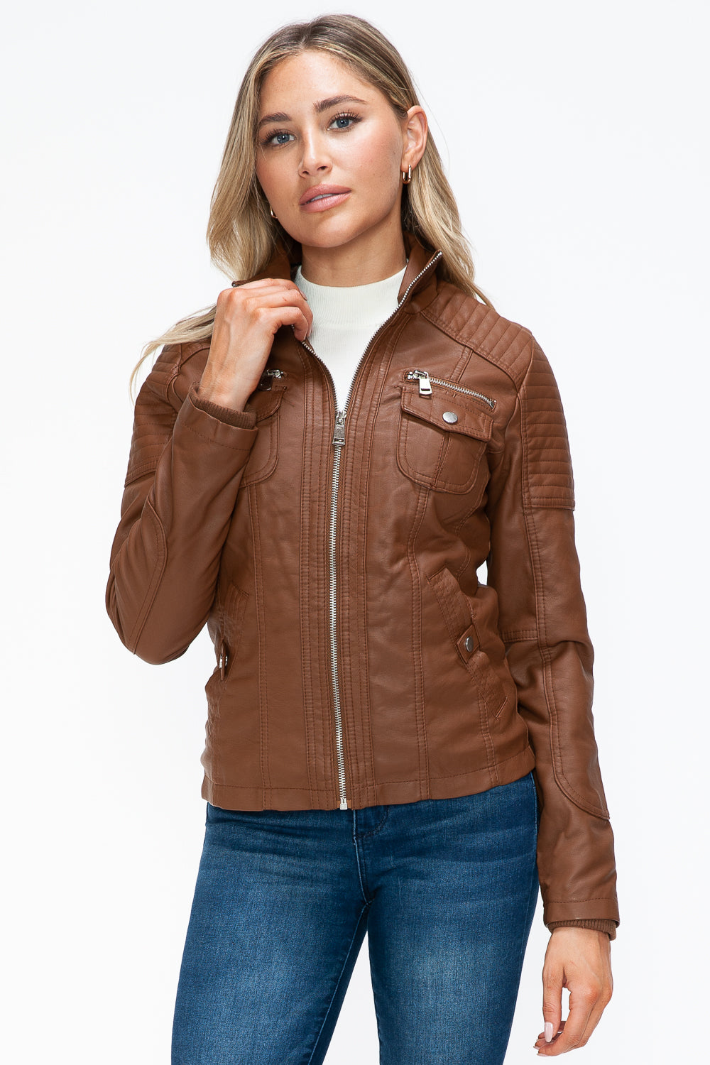 YMI Removable Faux Layered Multi-Pocket Jacket with Fuzzy Hood 15798 | Gulf Resellers