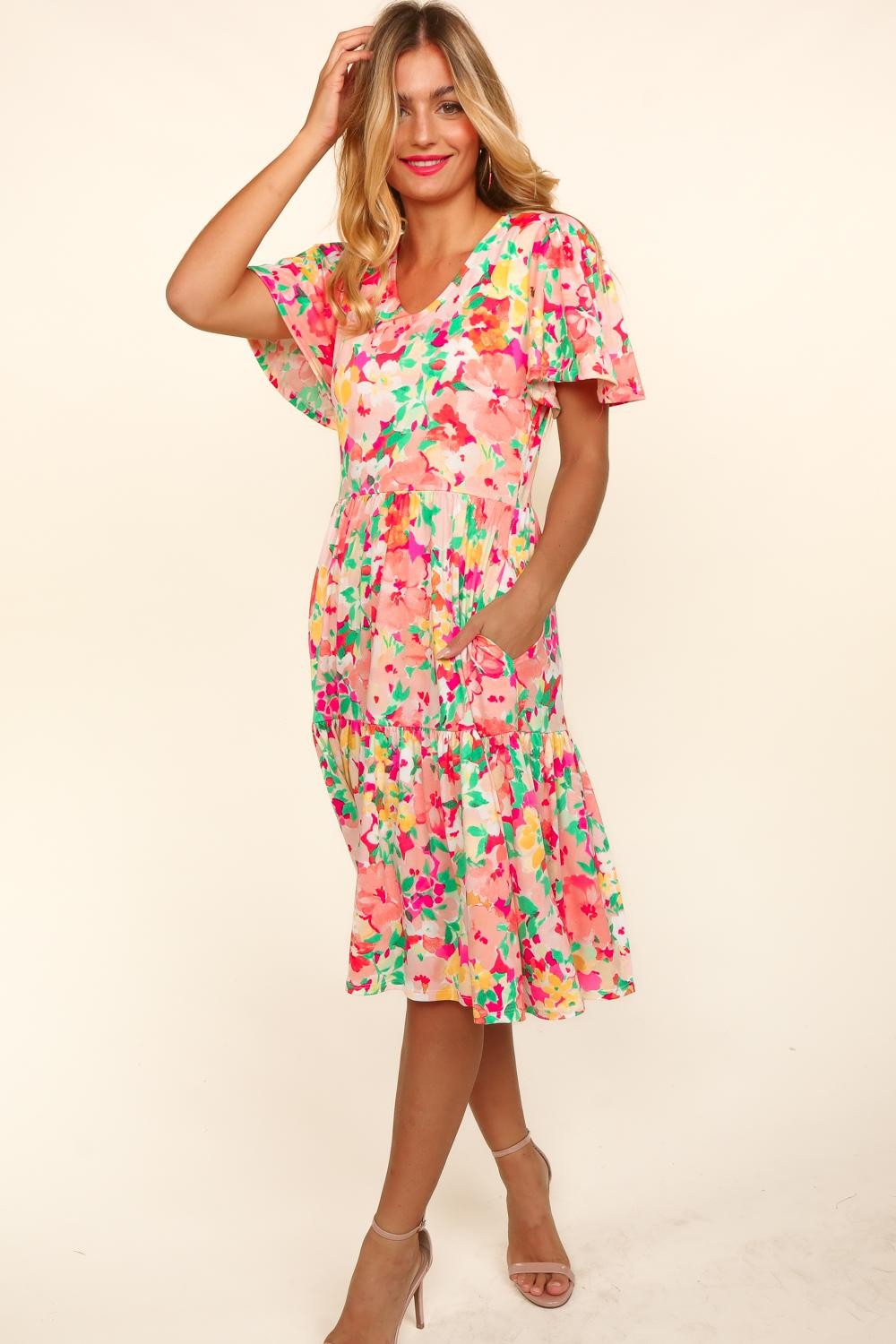 Haptics Tiered Floral Midi Dress with Pockets 7701 | Gulf Resellers