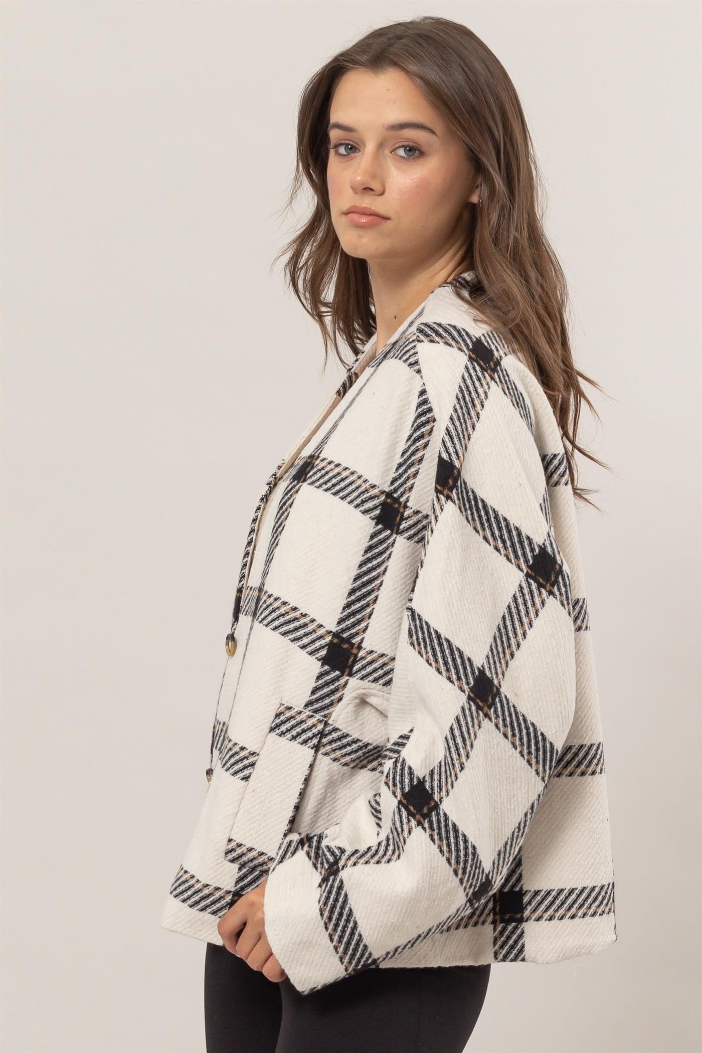 HYFVE Plaid Long Sleeve Jacket with Side Slit Pockets 12475 | Gulf Resellers