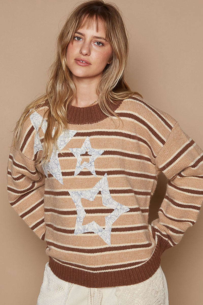 POL Star Patch Stripe Round Neck Sweater 8901 | Gulf Resellers