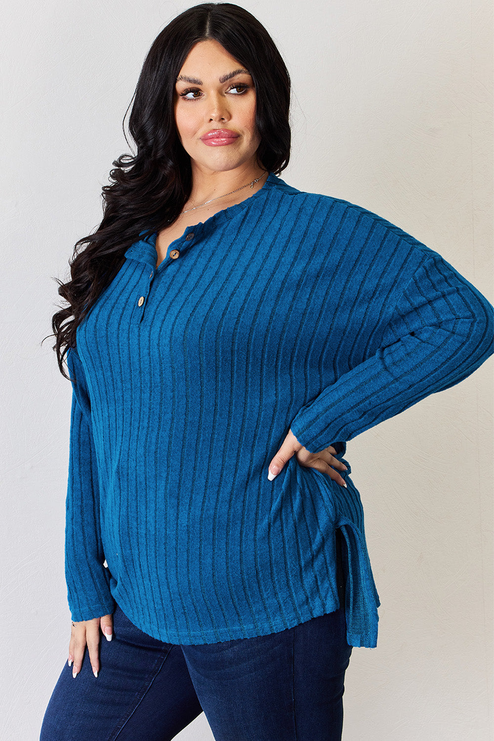 Basic Bae Full Size Ribbed Half Button Long Sleeve High-Low T-Shirt | Gulf Resellers