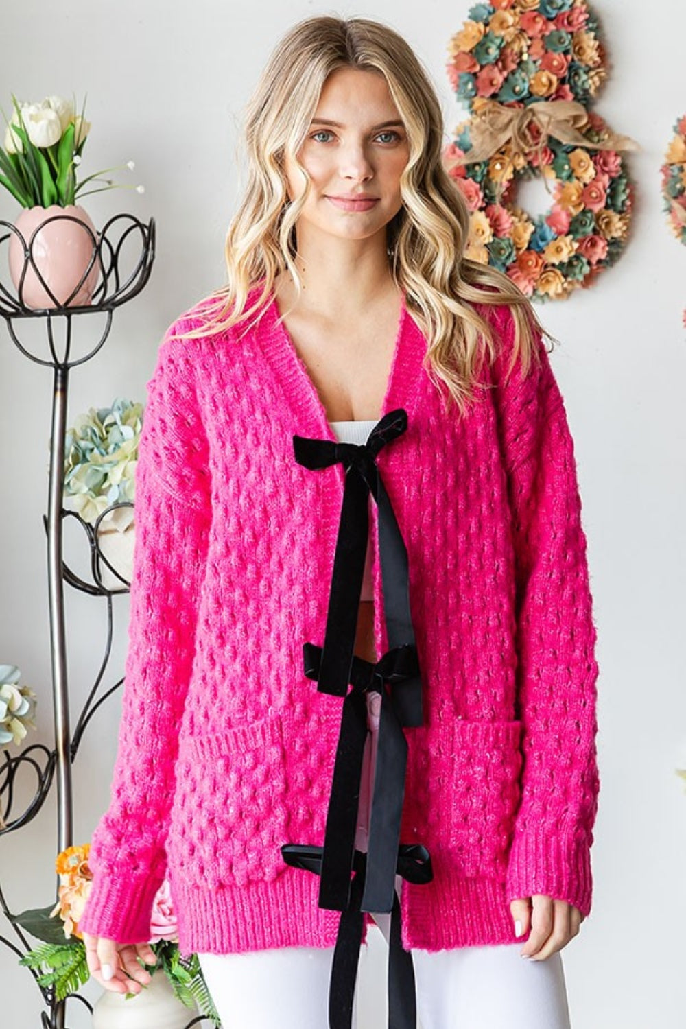 First Love Tie Closure Open Knit Cardigan 10275 | Gulf Resellers