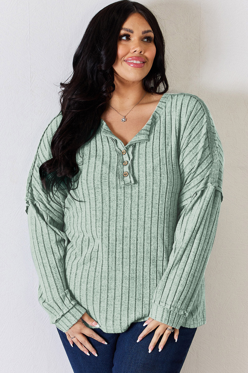 Basic Bae Full Size Ribbed Half Button Long Sleeve T-Shirt | Gulf Resellers