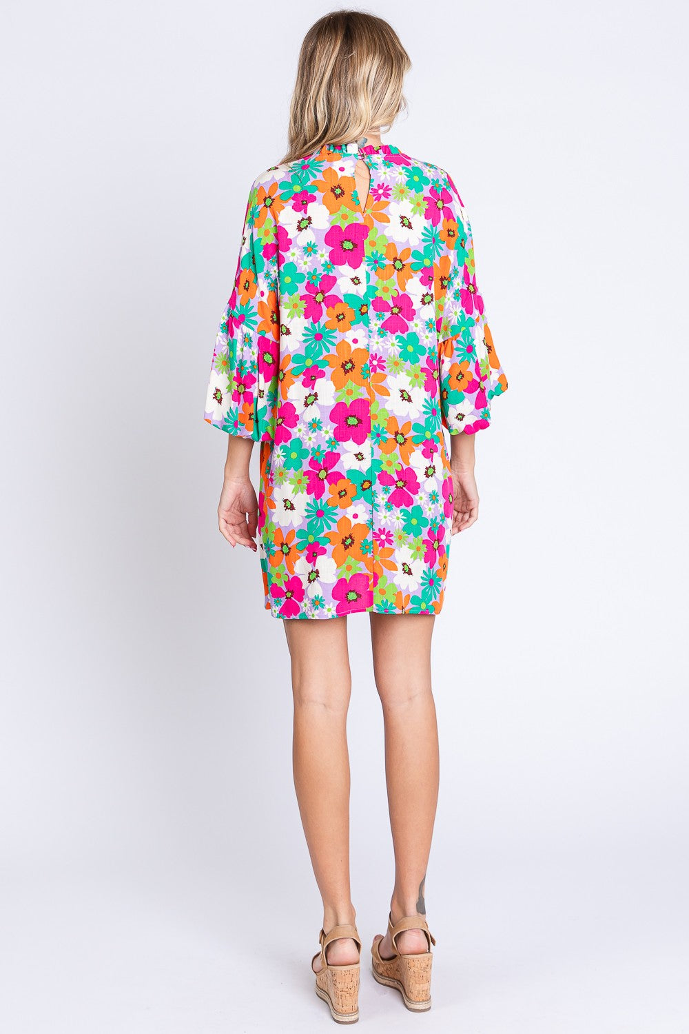 GeeGee Full Size Floral Round Neck Lantern Sleeve Mini Dress 5399 | Gulf Resellers
