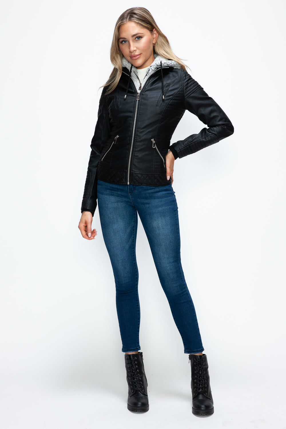 YMI Faux Layered Double-Zipper Jacket with Fuzzy Hood 15659 | Gulf Resellers