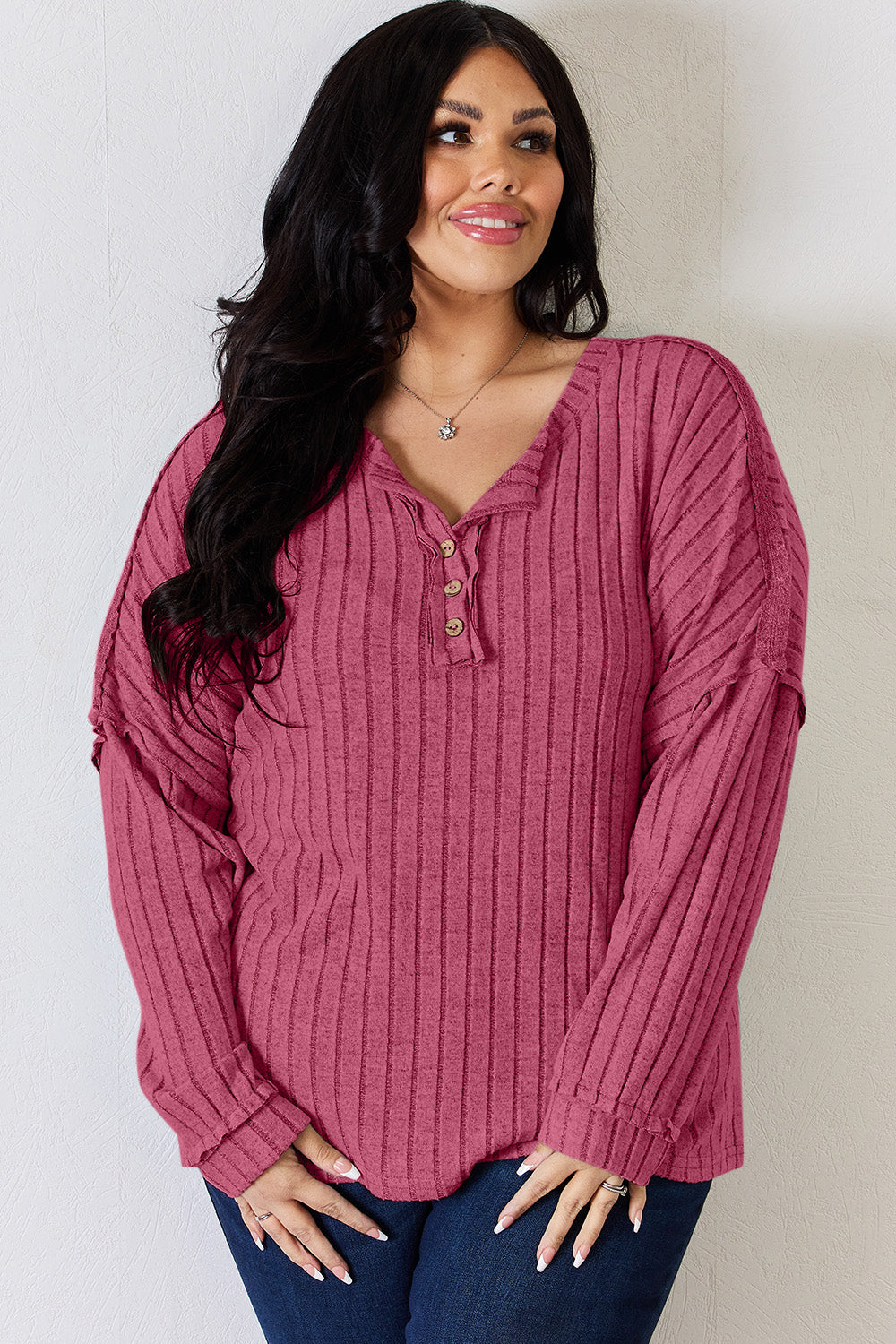Basic Bae Full Size Ribbed Half Button Long Sleeve T-Shirt | Gulf Resellers