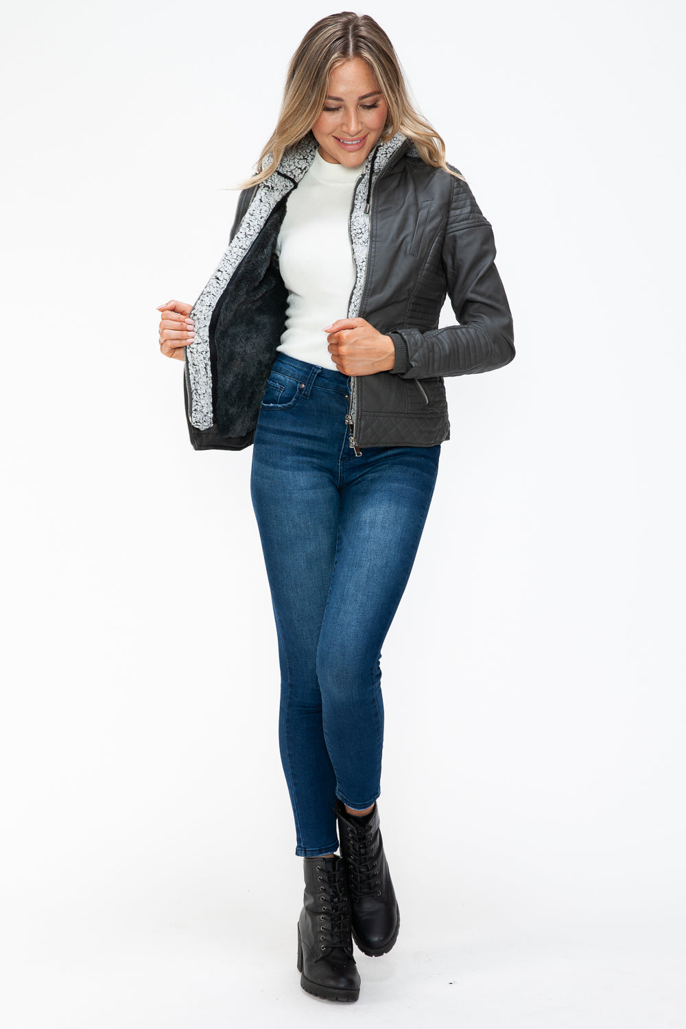 YMI Faux Layered Double-Zipper Jacket with Fuzzy Hood 15398 | Gulf Resellers