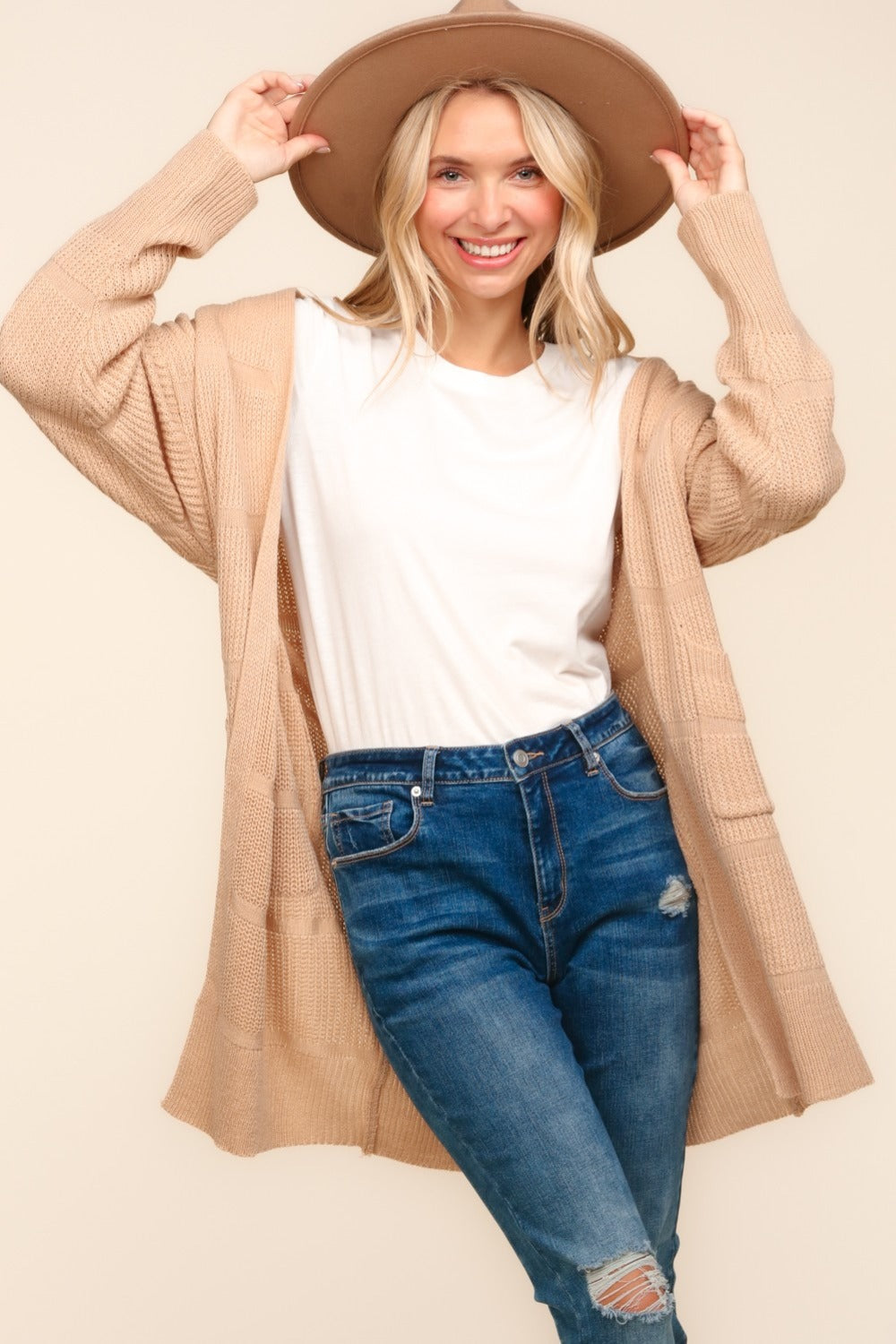 Haptics Stripe Textured Open Front Cardigan with Pockets 10332 | Gulf Resellers
