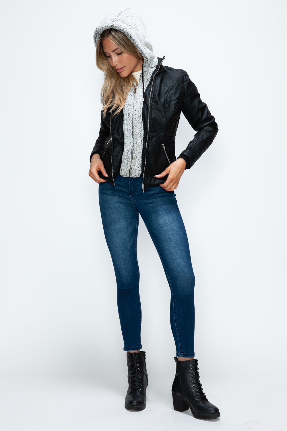 YMI Faux Layered Double-Zipper Jacket with Fuzzy Hood 15661 | Gulf Resellers