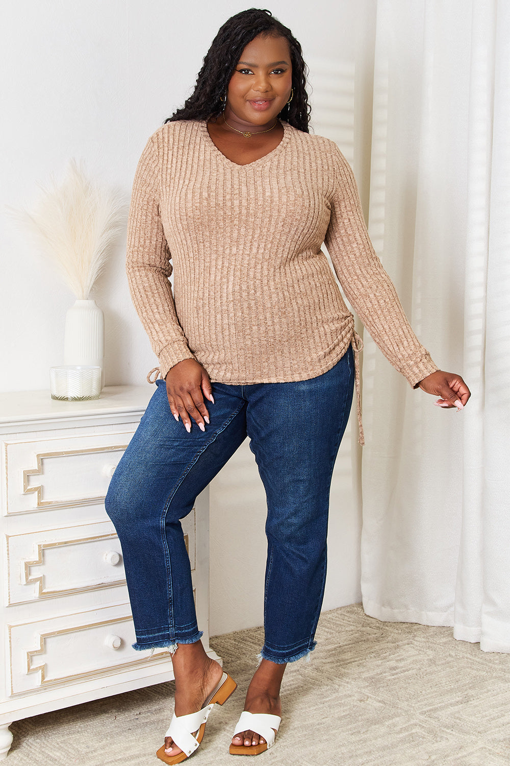 Double Take Drawstring Ribbed Long Sleeve T-Shirt | Gulf Resellers