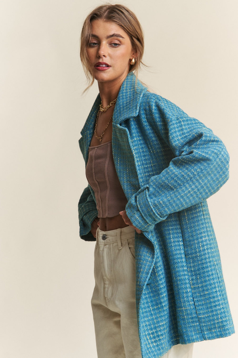J.NNA Tweed Double-Breasted Long Sleeve Coat 12459 | Gulf Resellers