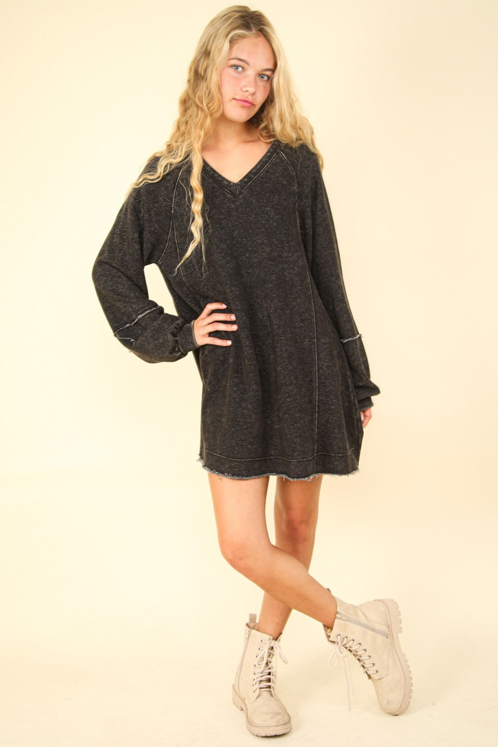 VERY J Mineral Washed Oversized A-Line Mini Dress 9687 | Gulf Resellers