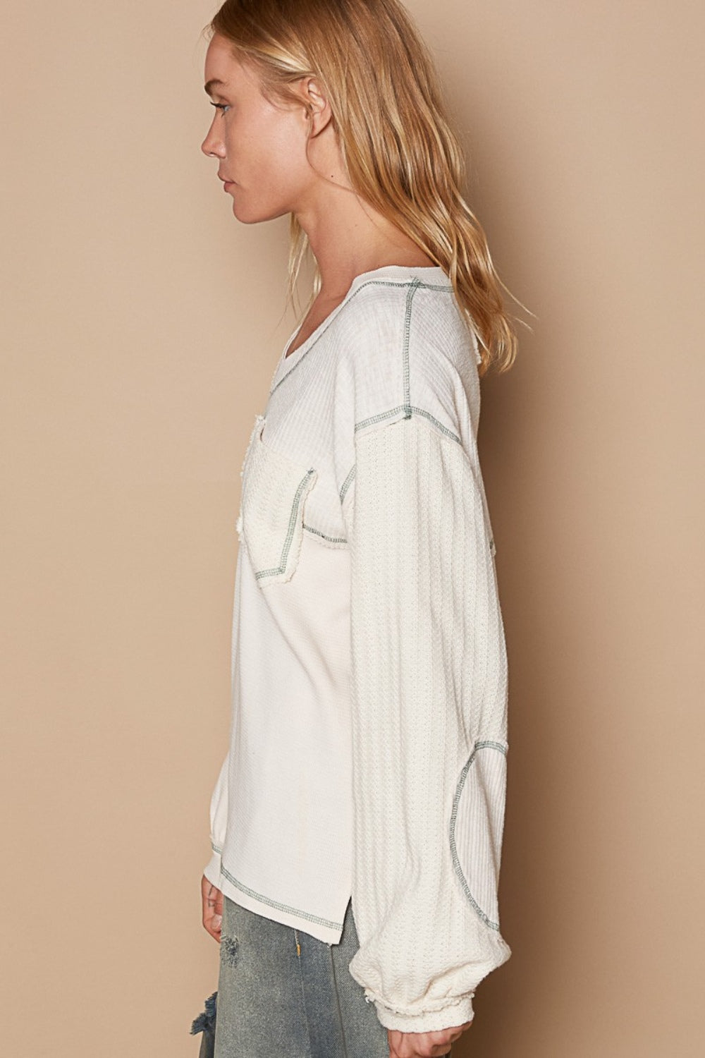 POL V-Neck knit Panel Exposed Seam Top 8274 | Gulf Resellers