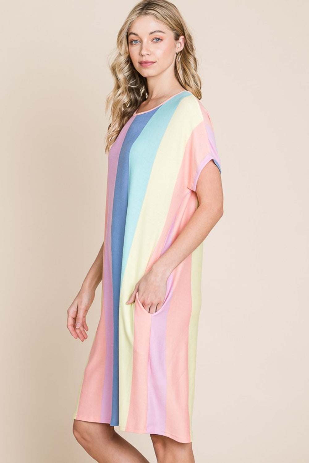 BOMBOM Striped Short Sleeve Dress with Pockets 6080 | Gulf Resellers