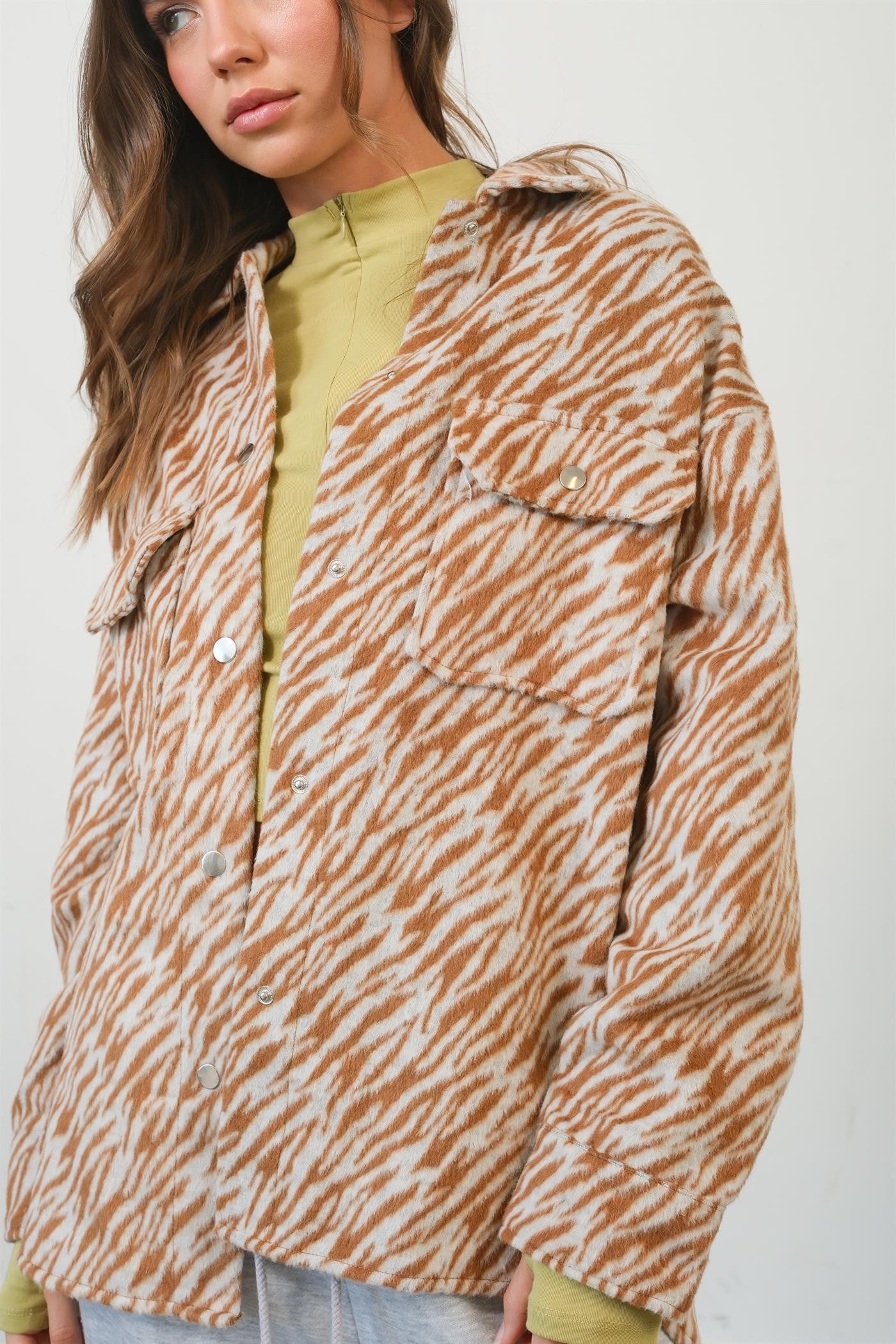 HYFVE Zebra Print Snap Down Long Sleeve Shacket 12831 | Gulf Resellers