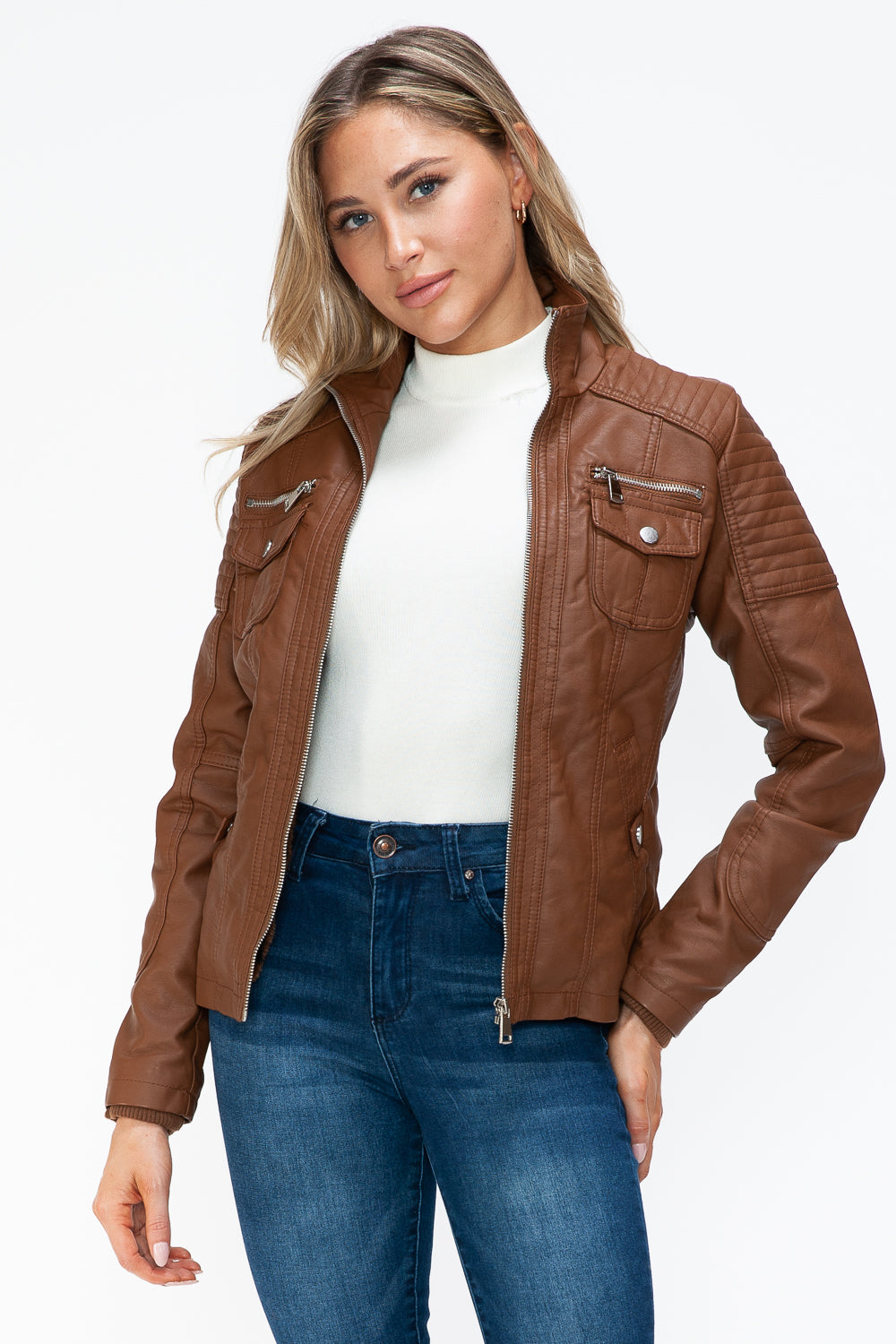 YMI Removable Faux Layered Multi-Pocket Jacket with Fuzzy Hood 15796 | Gulf Resellers