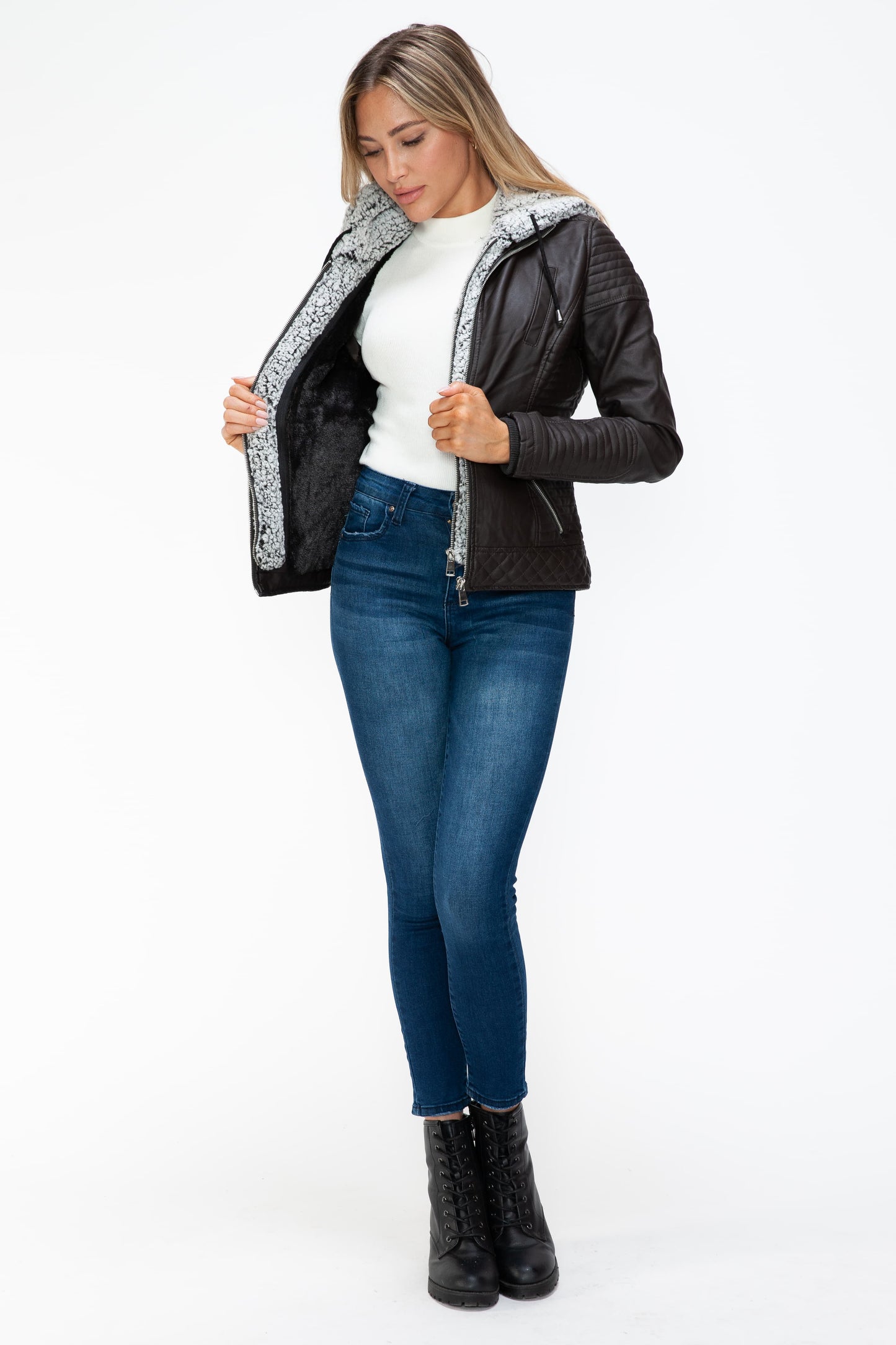 YMI Faux Layered Double-Zipper Jacket with Fuzzy Hood 15967 | Gulf Resellers