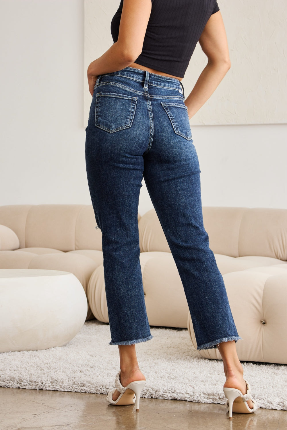 RFM Crop Dylan Full Size Tummy Control Distressed High Waist Raw Hem Jeans 4920 | Gulf Resellers