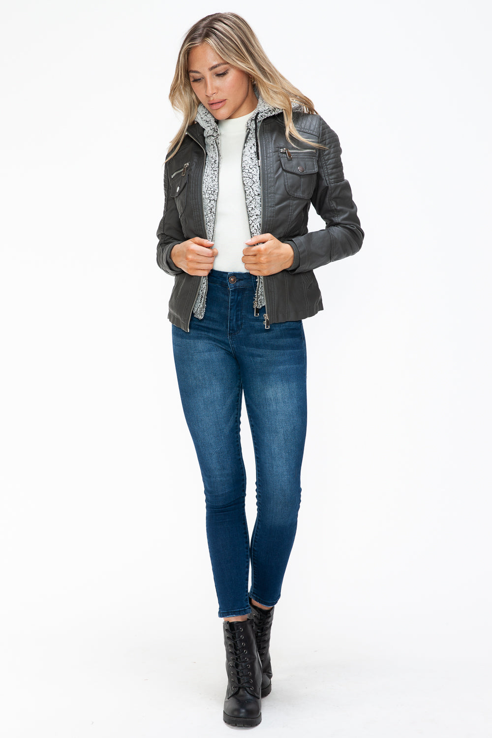 YMI Removable Faux Layered Multi-Pocket Jacket with Fuzzy Hood 15261 | Gulf Resellers