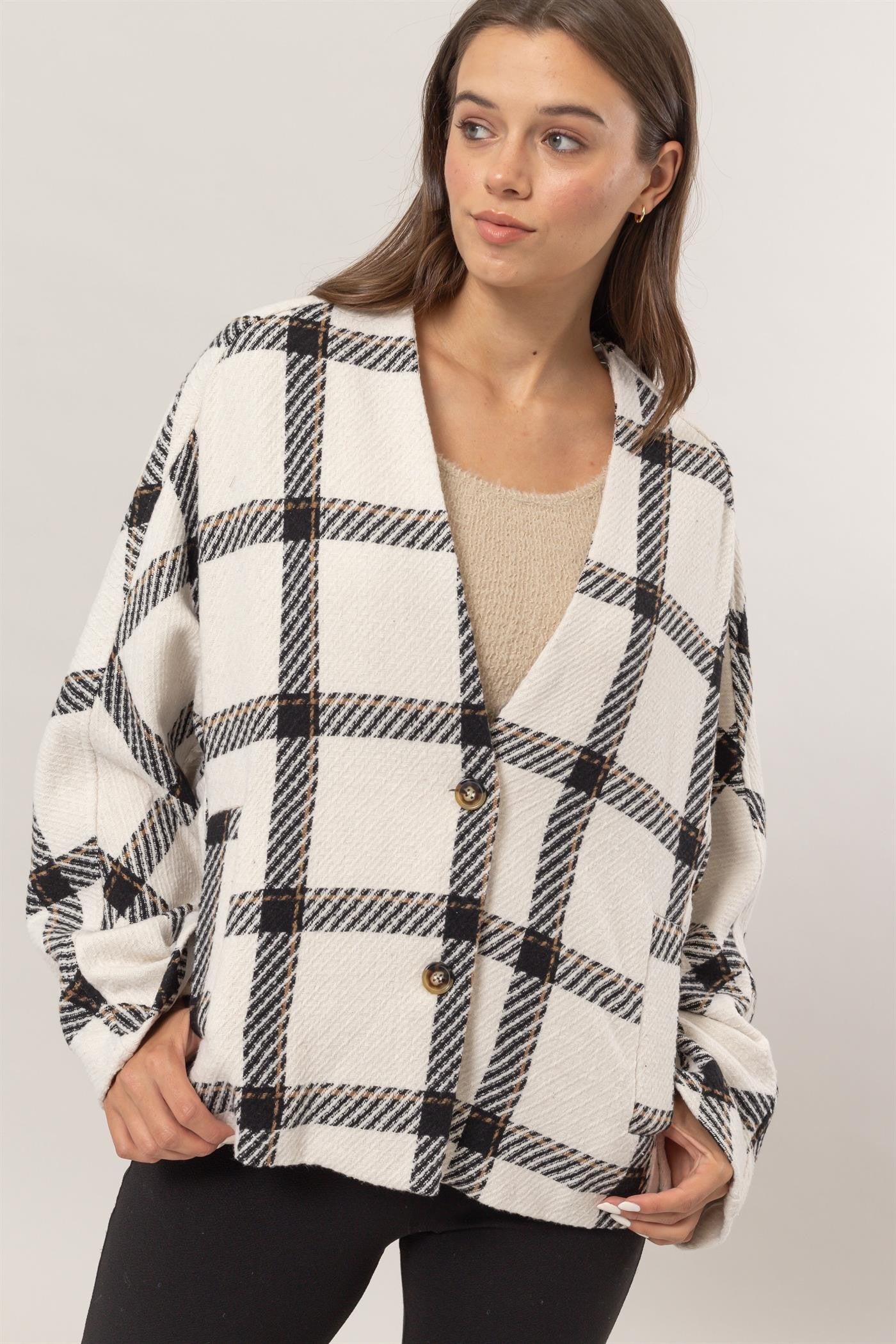 HYFVE Plaid Long Sleeve Jacket with Side Slit Pockets 12473 | Gulf Resellers