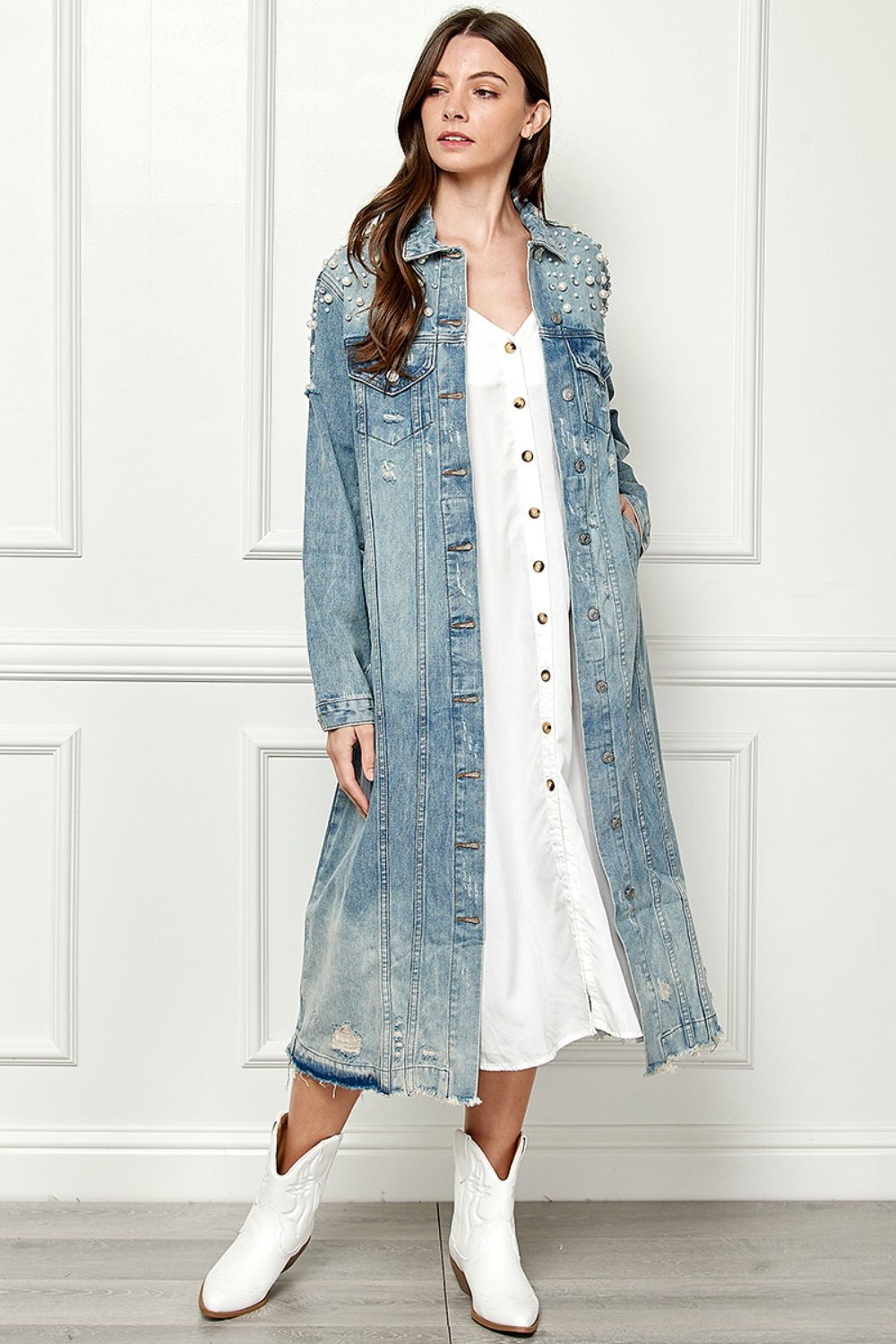 Veveret Full Size Distressed Raw Hem Pearl Detail Button Up Jacket 13472 | Gulf Resellers