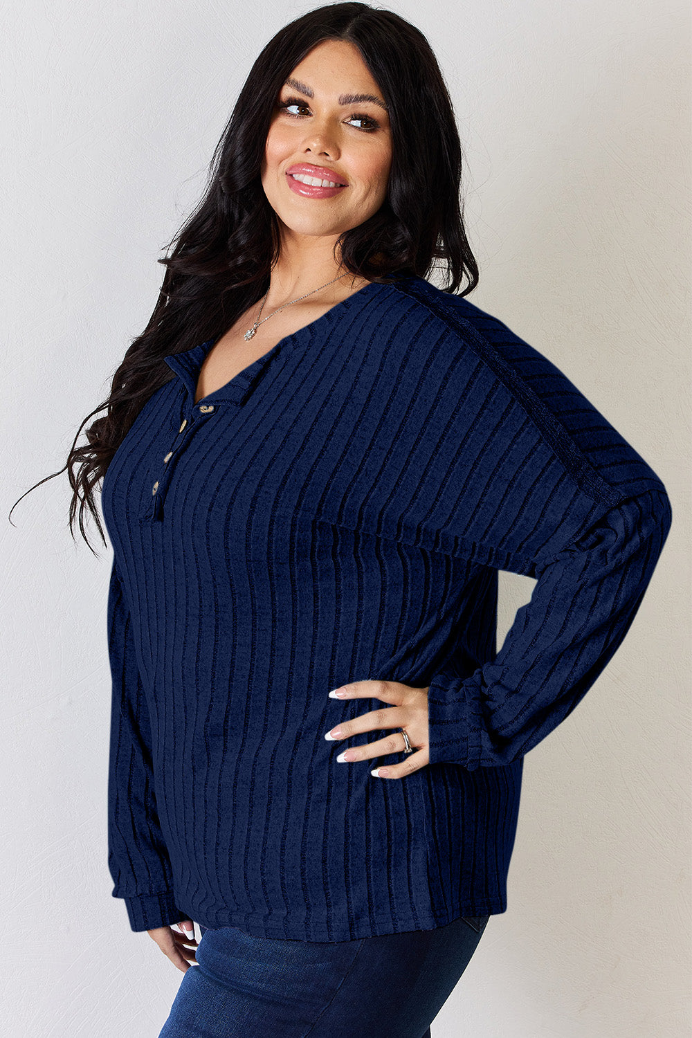 Basic Bae Full Size Ribbed Half Button Long Sleeve T-Shirt | Gulf Resellers