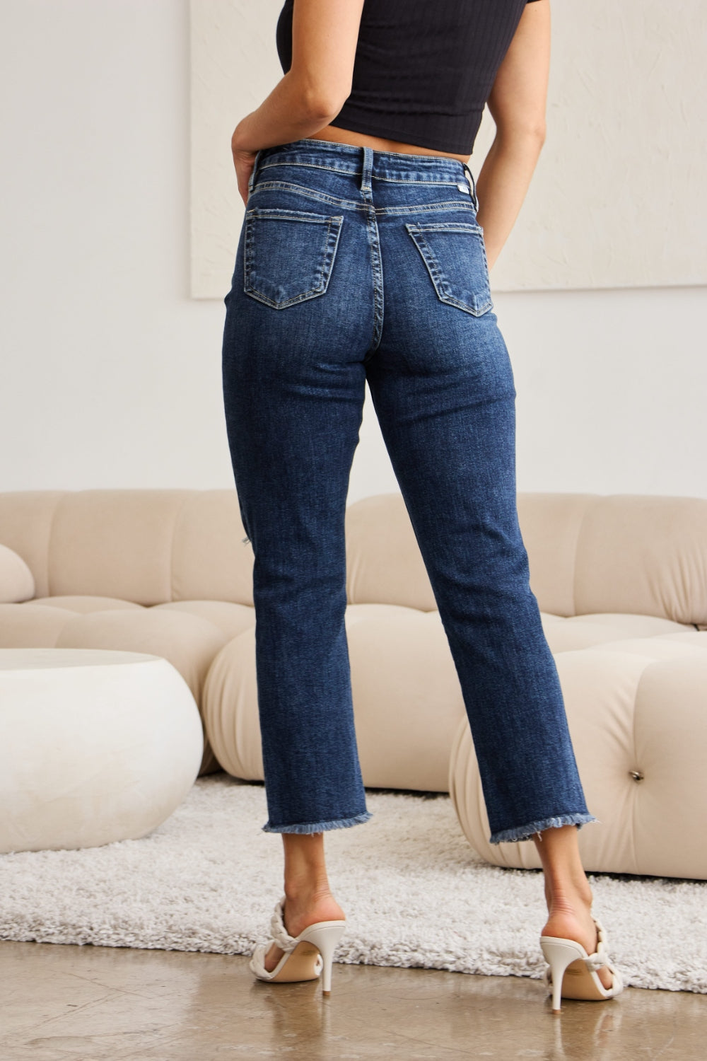 RFM Crop Dylan Full Size Tummy Control Distressed High Waist Raw Hem Jeans 4914 | Gulf Resellers