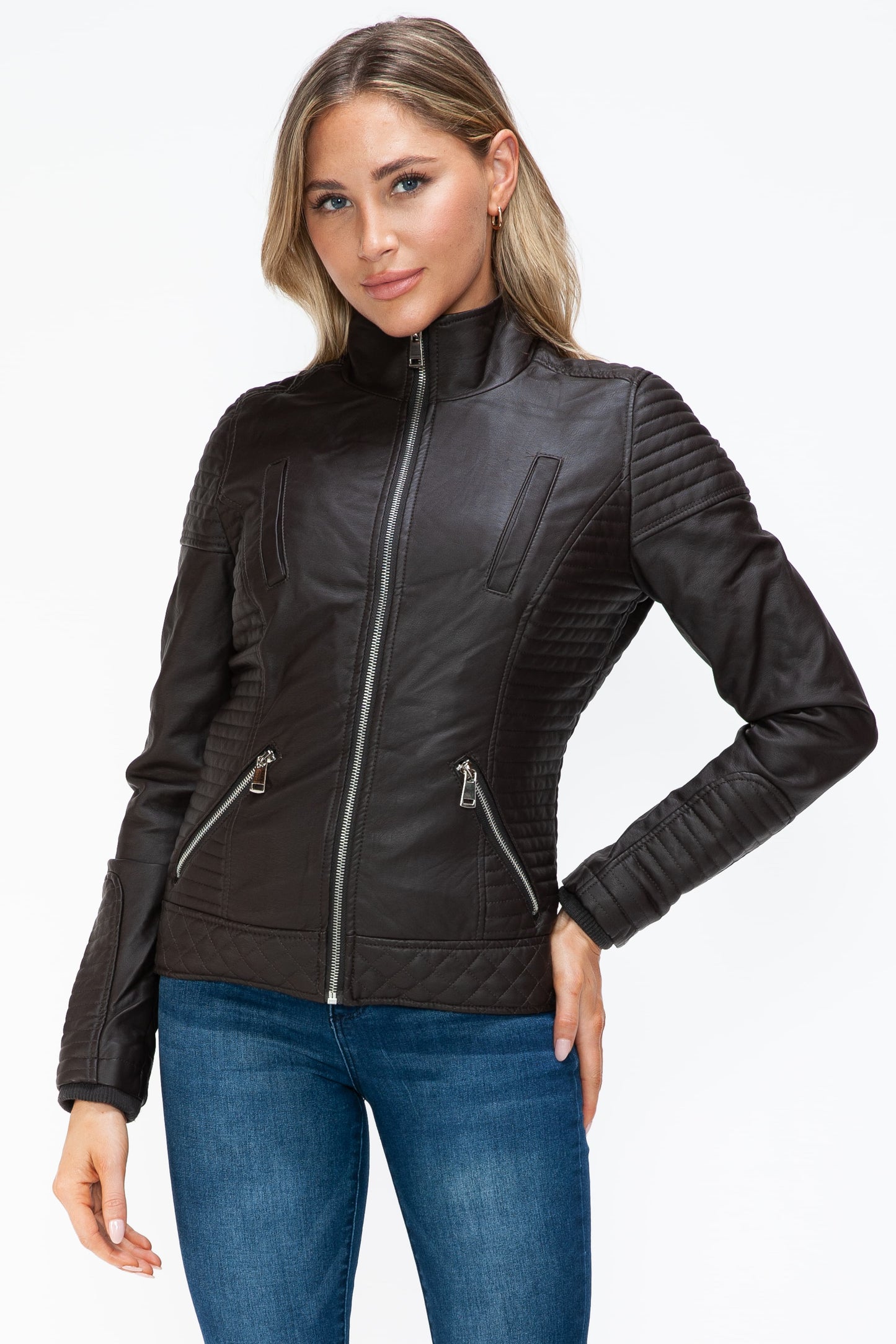 YMI Faux Layered Double-Zipper Jacket with Fuzzy Hood 15961 | Gulf Resellers