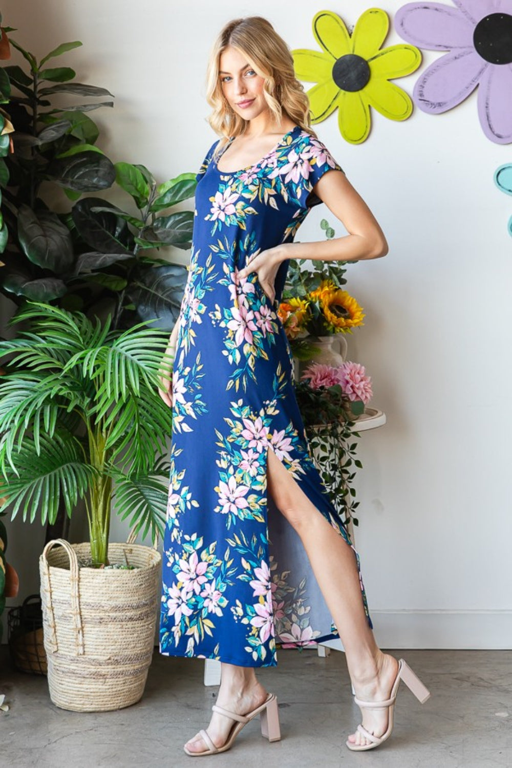 Heimish Full Size Floral Short Sleeve Slit Dress 5164 | Gulf Resellers