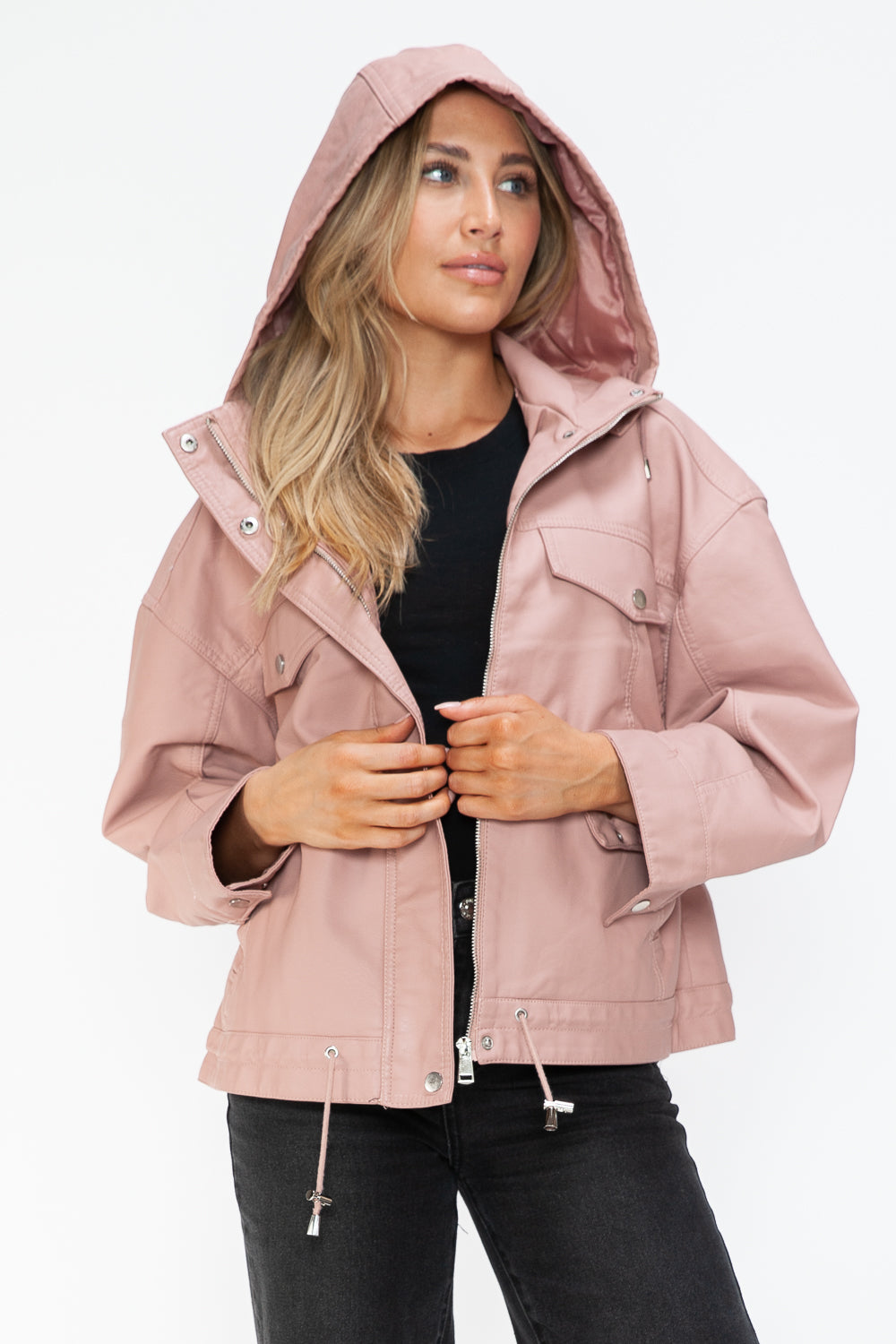 How Dare U Drawstring Hem PU Leather Zip Up Jacket 15557 | Gulf Resellers